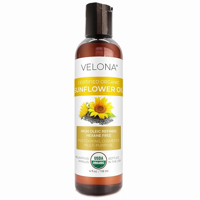 velona USDA Certified Organic Sunflower Oil - 4 Fl Oz | 100% Pure and Natural Carrier Oil | High