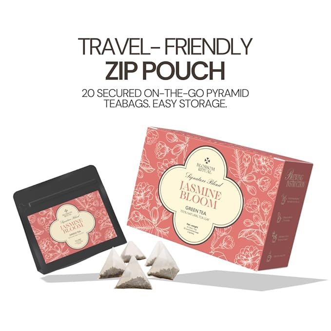 BLOSSOM RITUAL Jasmine Bloom – Floral Green Tea Loose Leaf – 20 Natural Based Pyramid Bags – Serve