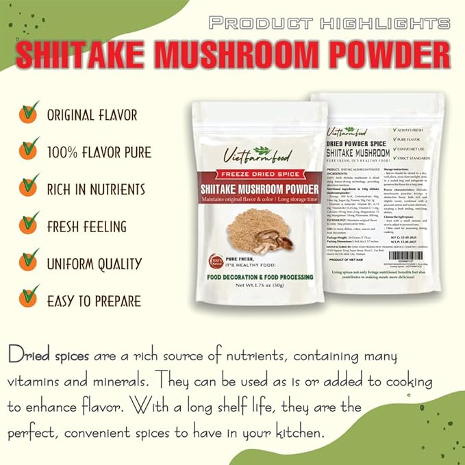 SHIITAKE MUSHROOM POWDER 1.76 Oz (50g) VIETFARMFOOD: Pure, natural freeze-dried spice made from