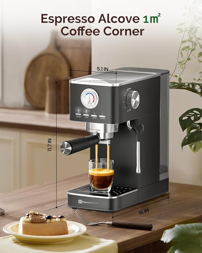 Maestri House Espresso Machine, 20 Bar ULKA Pump, Compact Espresso Maker Built-in Flow Meter Steam