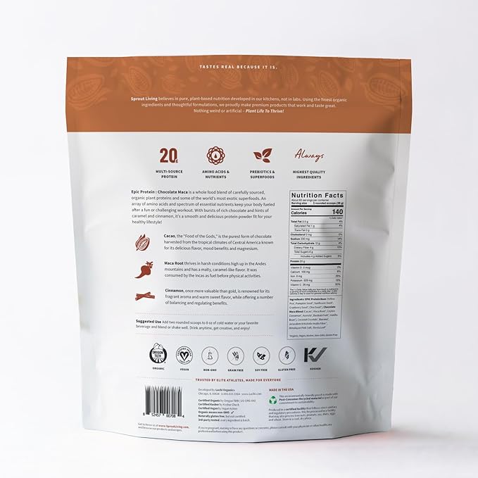 Sprout Living Epic Protein, Plant Based Protein & Superfoods Powder, Chocolate Maca Powder | 20