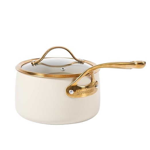 bloomhouse 3 Quart Heavy Duty Aluminum Premium PFA Free Ceramic Nonstick Saucepan with Lid - Almond