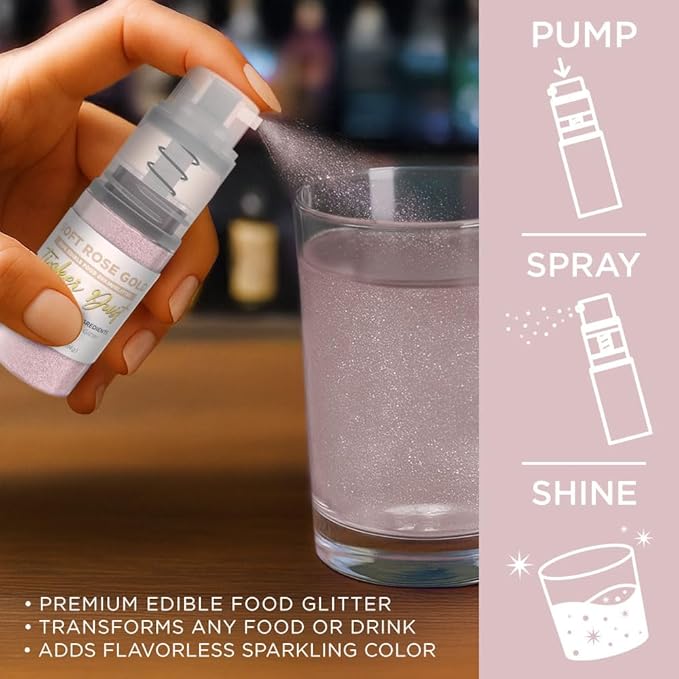 Bakell - Soft Rose Gold Tinker Dust (4g, 1x Mini Spray Pump) Edible Glitter for Food, Desserts, and