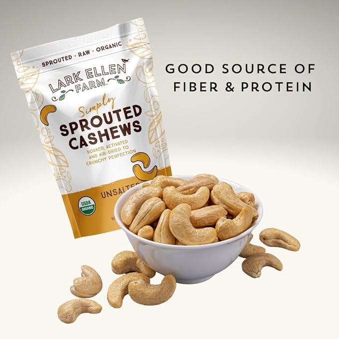 Lark Ellen Farm Whole Cashews, Salted Raw Sprouted Nuts, Certified USDA Organic, Gluten-Free, Vegan