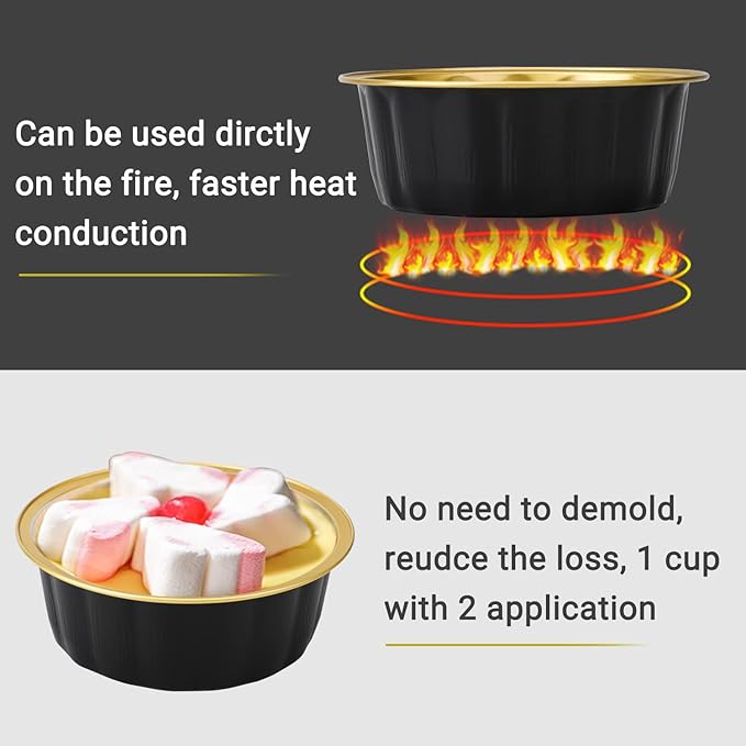 Beasea Disposable Ramekins 8oz, 100 Pack Black Gold Aluminum Foil Cups with Lids, Disposable Creme
