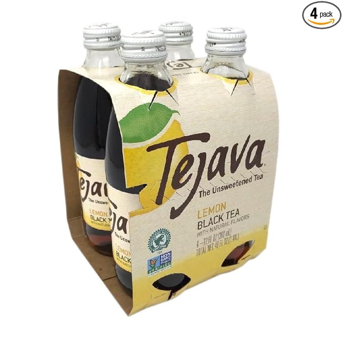 Tejava Lemon Black Iced Tea, 4 Pack, 12oz Glass Bottles, Unsweetened, Non-GMO, Kosher, No Sugar or