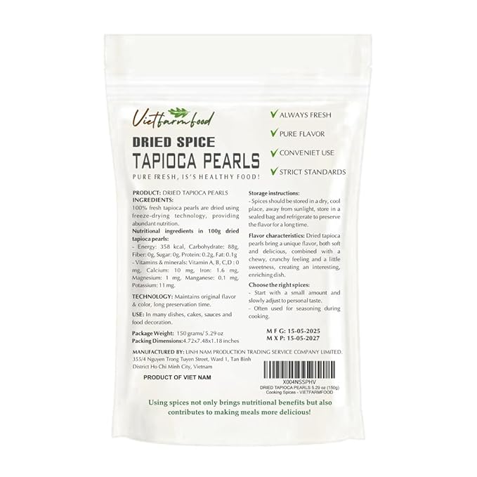 DRIED TAPIOCA PEARLS 5.29 Oz (150g) VIETFARMFOOD: Natural pure, convection dried seasoning made