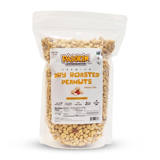 Pasokin Premium Dry Roasted Jumbo Peanuts, Unsalted, NON GMO Verified, Kosher, Keto Friendly, High