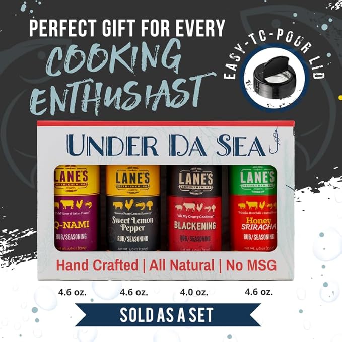 Lane's Under Da Sea Gift Set, All-Natural 4 Rubs Gift Set of Blackened Seasoning, Honey Sriracha