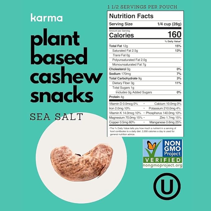Whole 30 Variety Pack Cashews by Karma Nuts, Whole, Roasted, Vegan, Zero Sugar, Non GMO, Gluten