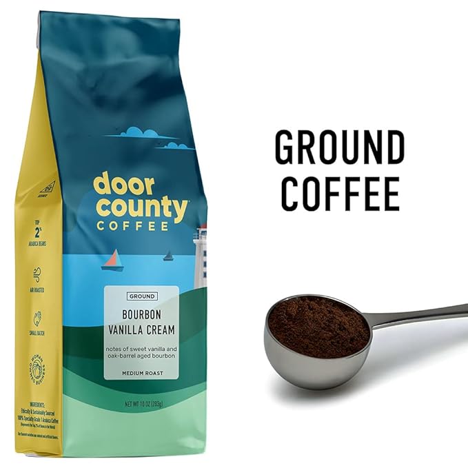 Door County Coffee Bourbon Vanilla Cream Flavored Ground - 10oz Bag - Medium Roast - 100% Specialty