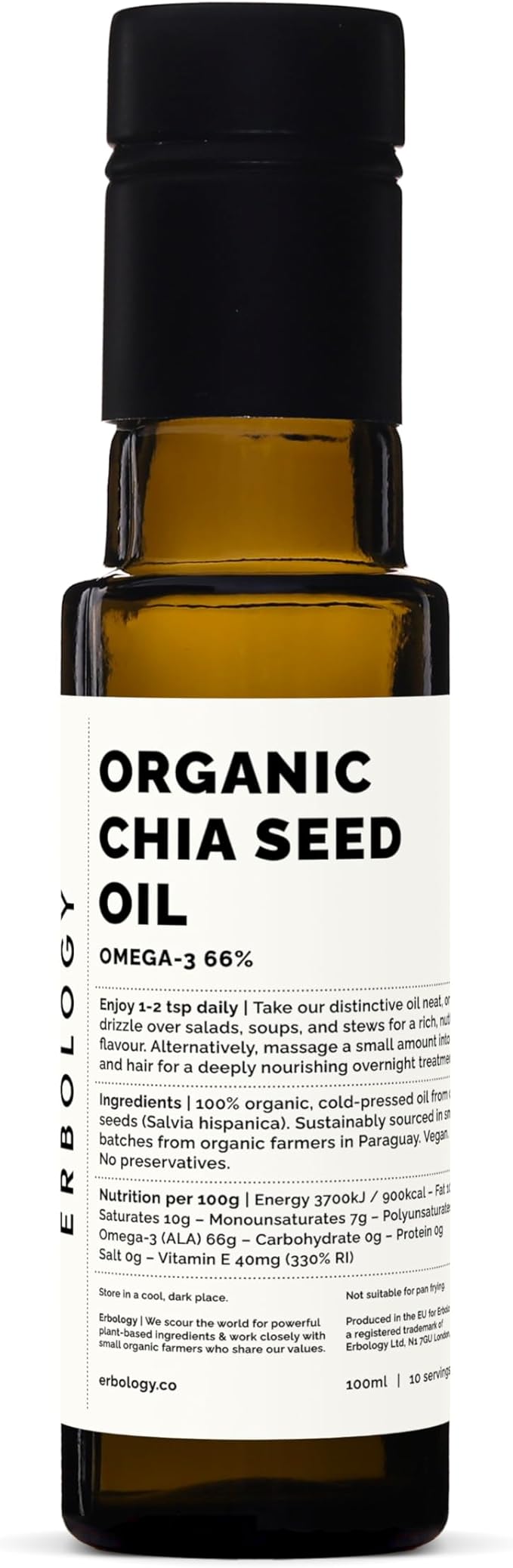 Erbology Organic Chia Seed Oil 3.4 fl oz - Cold-Pressed - Rich in Omega-3 (66%) and Vitamin E (330%