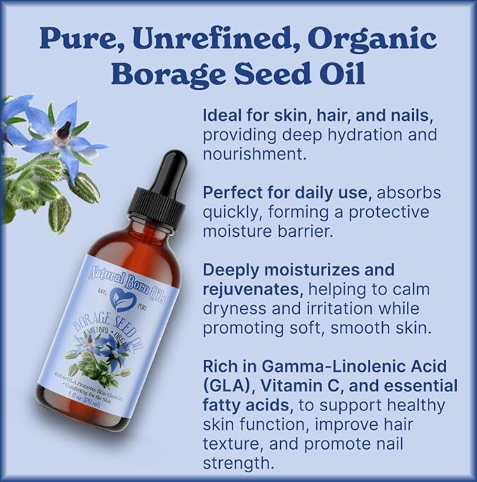 Natural Born Oils Borage Seed Oil, 8oz, Organic, Cold-Pressed, Carrier Oil, Omega-6 Rich, Skin