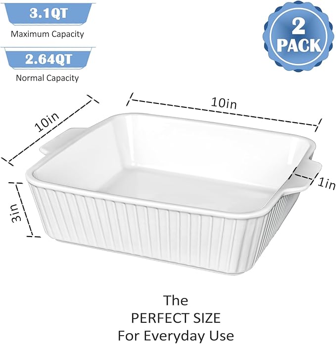 Casserole Dishes for Oven, 10'' Square Casserole Baking Dish, 2 Pack Ceramic Baking Dishes