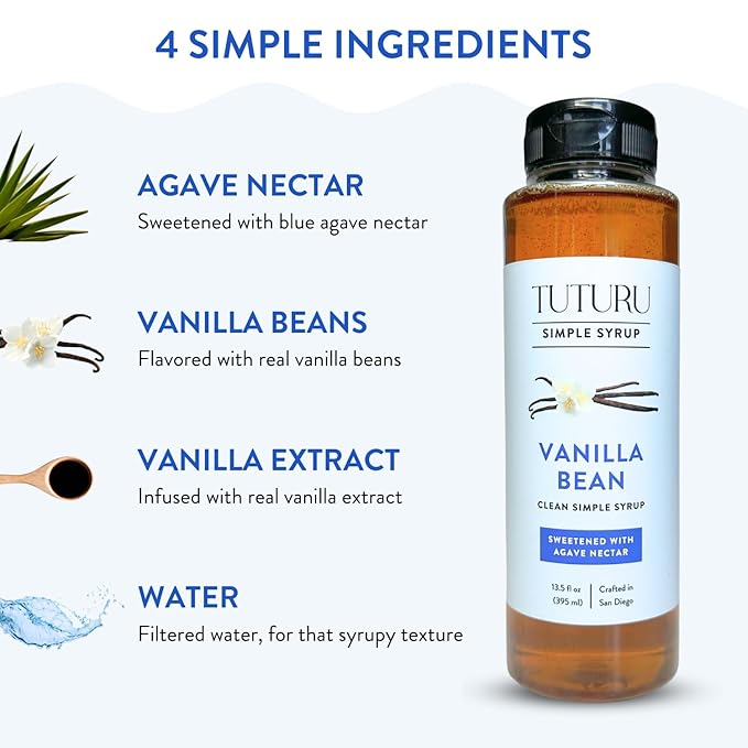 Vanilla Bean Agave Simple Syrup for Coffee & Cocktails - Sweetened with Organic Agave Nectar