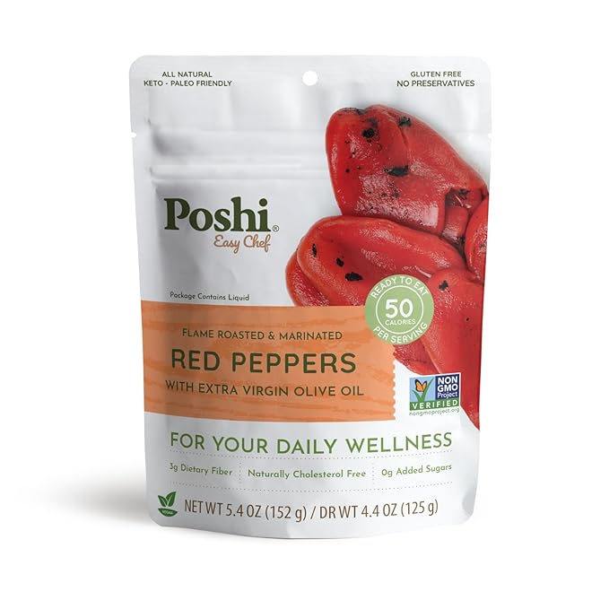 POSHI Flame Roasted Red Peppers in Extra Virgin Olive Oil Natural, Keto, Vegan, Non GMO, Low Carb +