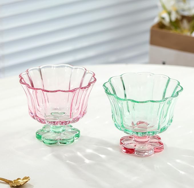 Ice Cream Bowls Drinking Glass Cups Set of 2 (Pink & Green), Flower Petal Style Glasses, 8.5oz
