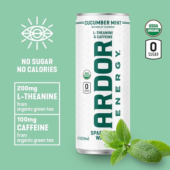 ARDOR ENERGY Sparkling Water with 100mg Natural Caffeine & 200mg L-Theanine from Organic Green Tea