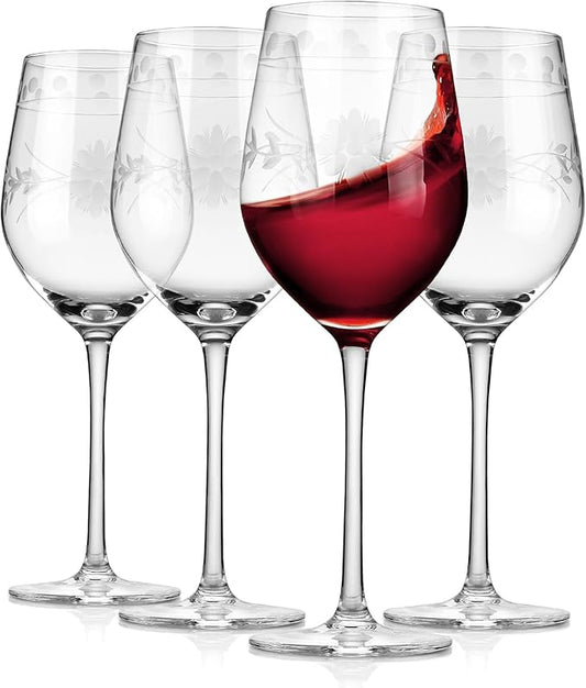 Premium Delight Wine Glasses Set of 4,15 oz – Hand-Blown with Etched Long Stem, Classic Glassware