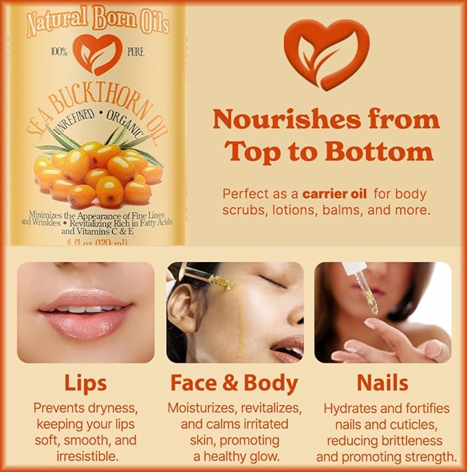 Natural Born Oils 4oz Sea Buckthorn Oil, 100% Pure and Natural, Organic, Cold-pressed, Unrefined