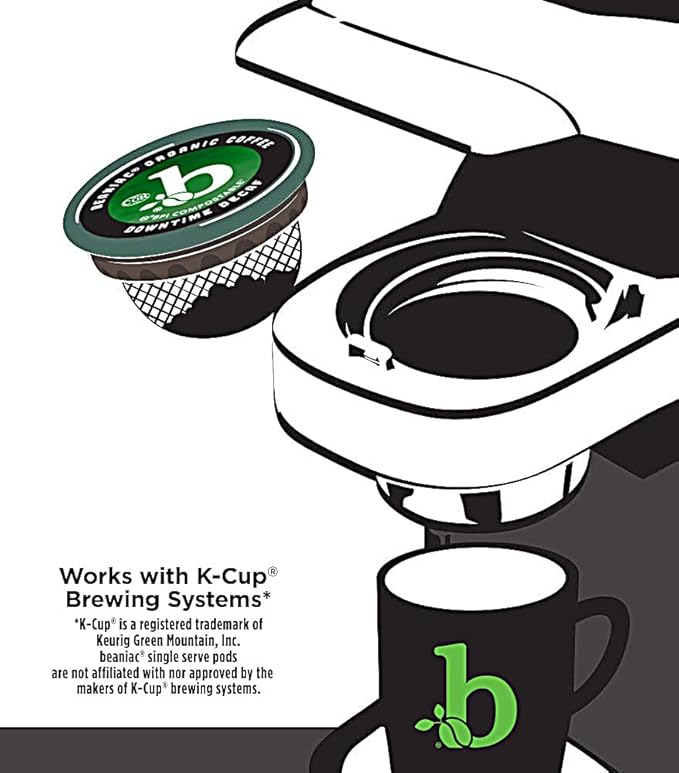 beaniac Organic Downtime Decaf Swiss Water Decaffeinated, Medium Roast, Single Serve Compostable K