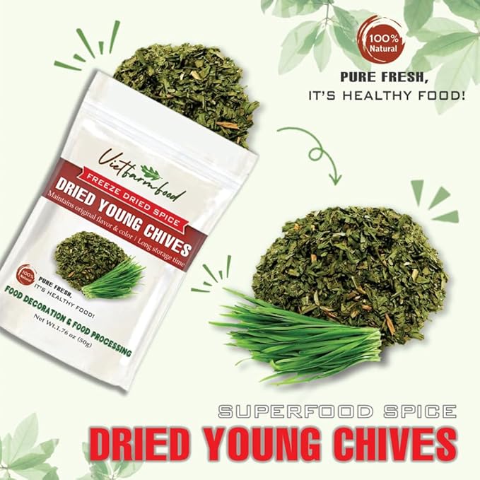 DRIED YOUNG CHIVES 1.76 Oz (50g) VIETFARMFOOD: Pure, natural freeze-dried spice made from real