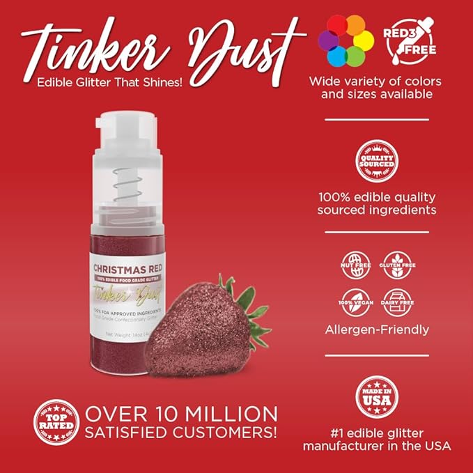 Bakell - Christmas Red Tinker Dust (4g, 1x Mini Spray Pump) Edible Glitter for Food, Desserts, and