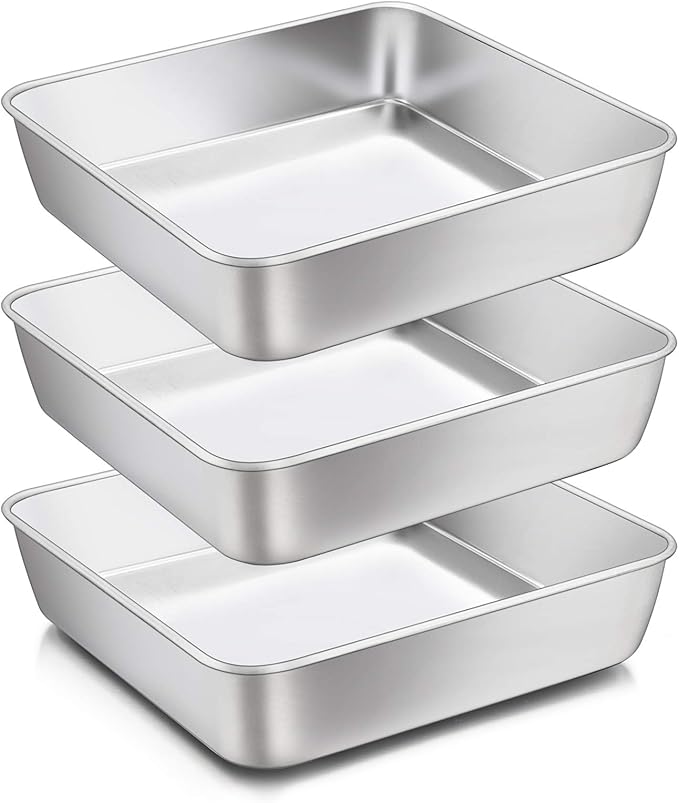 8 x 8-Inch Baking Pan, E-far Square Cake Brownie Baking Pans Stainless Steel Bakeware Set of 3