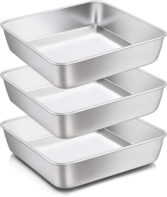 8 x 8-Inch Baking Pan, E-far Square Cake Brownie Baking Pans Stainless Steel Bakeware Set of 3