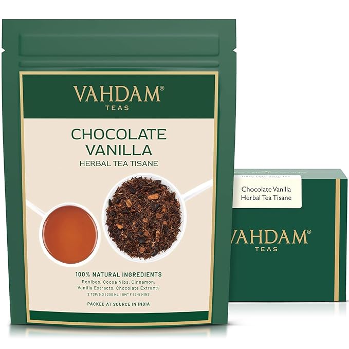 VAHDAM Chocolate Vanilla Herbal Tea (3.5 oz, 50+ Cups) | Rooibos, Chocolate, Vanilla | Loose-Leaf