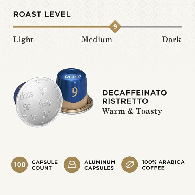 Peet's Coffee, Medium Roast Decaf Espresso Capsules, Compatible with Nespresso Original Machine
