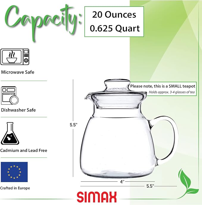 Simax Glassware 20 Oz. Glass Teapot | Short Spout, Microwave and Stovetop Safe, Heat, Cold, and