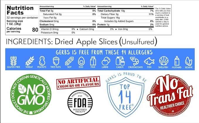 Gerbs Dried New England Apple Slices – 2 LBS. - No Sugar Added, Unsulfured & Preservative Free