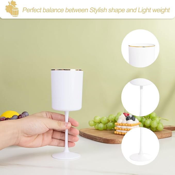Ciaell 12 Pack White Plastic Wine Glasses with Stem - 10 Oz White and Gold Disposable Wine Glasses