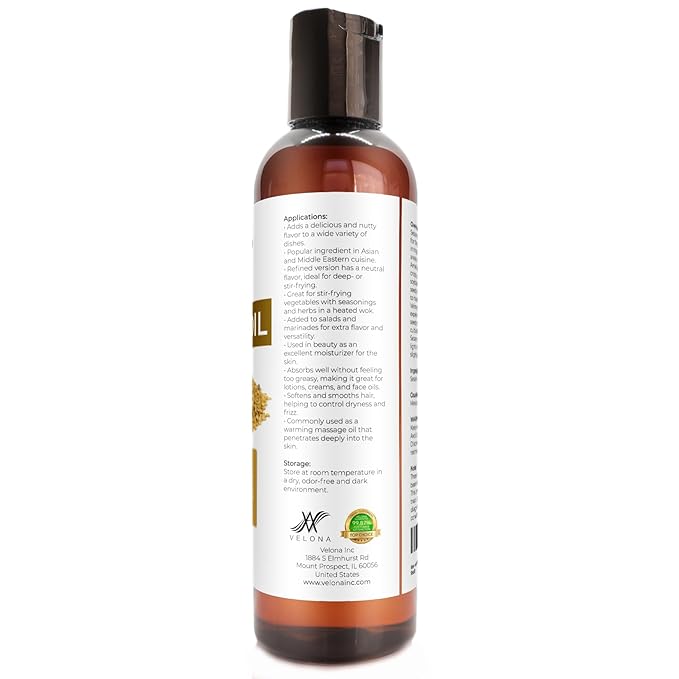 Sesame Seed Oil by Velona - 4 fl oz | 100% Pure and Natural Carrier Oil | Refined, Expeller Pressed