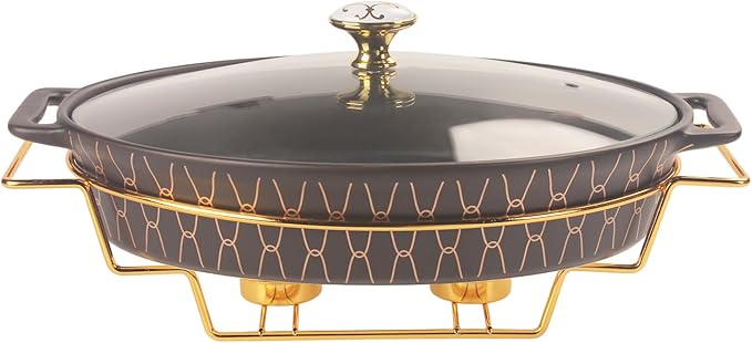 10" x 7" Ceramic Oval Casserole Dish with Glass Lid and Gold rack, 30 Ounce Serving Soup