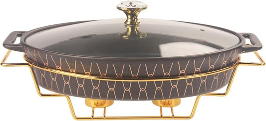 10" x 7" Ceramic Oval Casserole Dish with Glass Lid and Gold rack, 30 Ounce Serving Soup