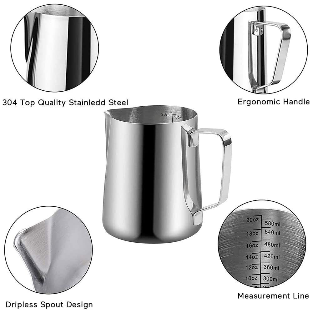 20 oz Milk Frothing Pitcher, 304 stainless steel 600ml milk can coffee frothing cup with art deco