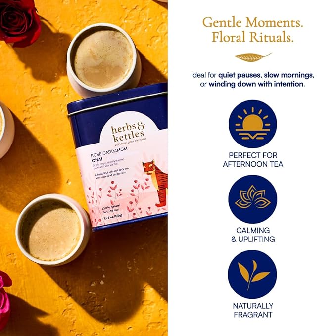 Herbs & Kettles Rose Cardamom Chai | Assam Black Tea with Rose Petals, Green Cardamom, Ginger