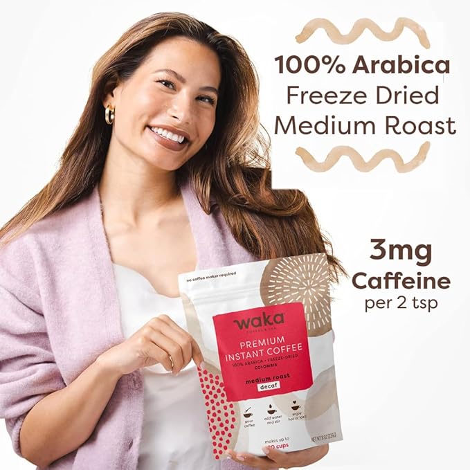 Waka Premium Decaf Instant Coffee Pouch — 100% Colombian Arabica Freeze Dried Beans — For Hot or