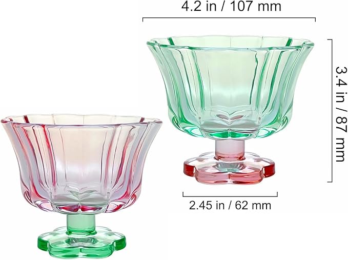 Ice Cream Bowls Drinking Glass Cups Set of 2 (Pink & Green), Flower Petal Style Glasses, 8.5oz