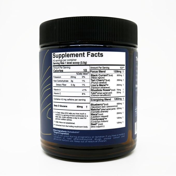 One Farm Energizing Focus Powder Blend - with USDA Organic Blackcurrant, Matcha, Lions Mane