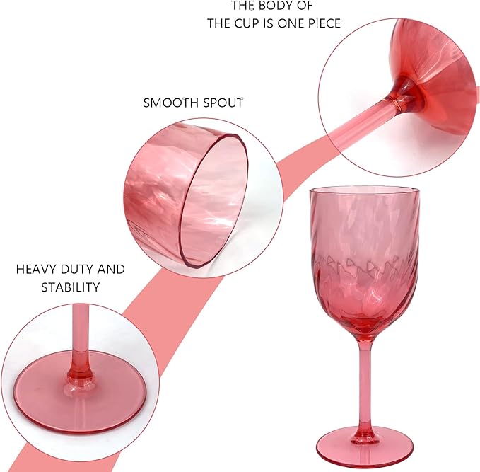 Yalin Set of 6 Unbreakable 15 oz Acrylic Plastic Wine and Water Tumbler Stackable Goblets. (Red, 15