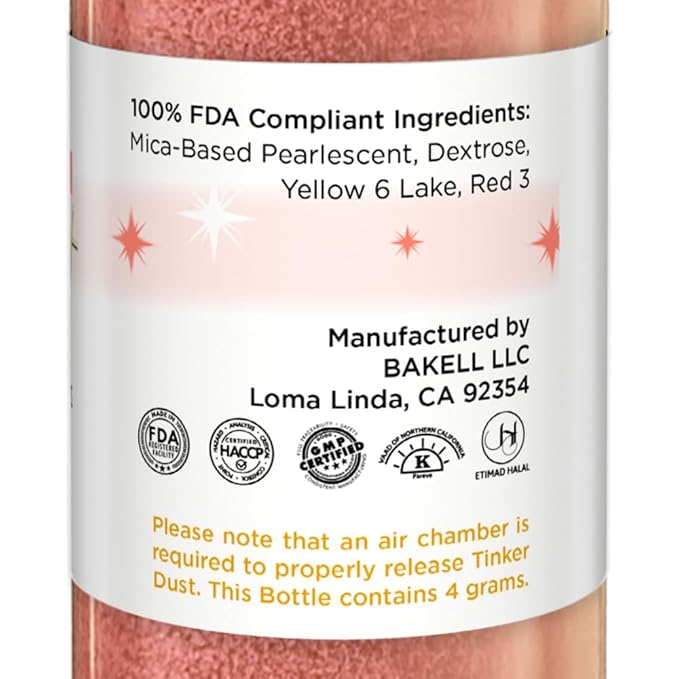 Bakell - Peach Tinker Dust (4g, 1x Mini Spray Pump) Edible Glitter for Food, Desserts, and