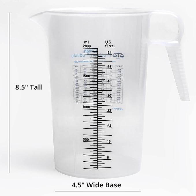 Half Gallon 64oz (2 quart) Measure Pitcher- Conversion Chart-Strong Food Grade - Resistant to