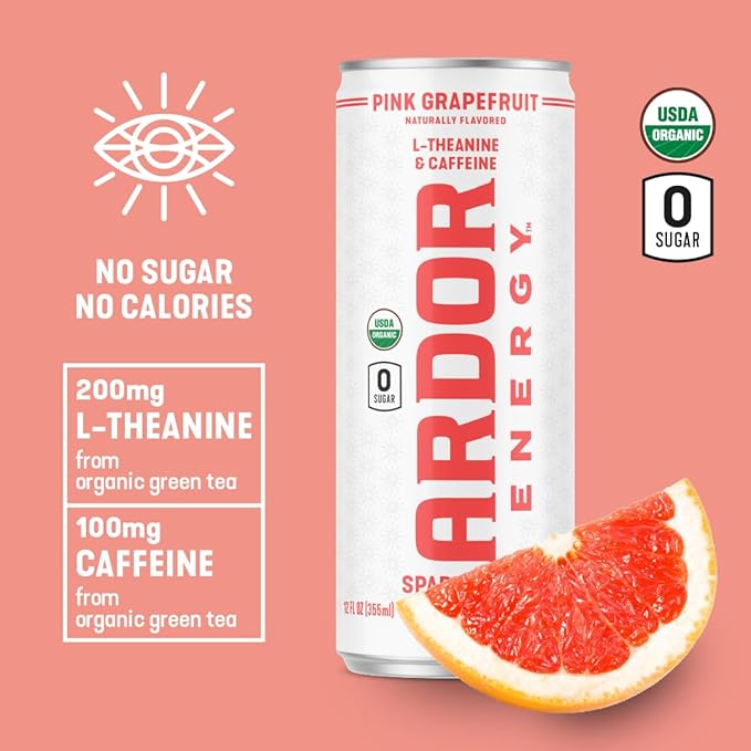 ARDOR ENERGY Sparkling Water with 100mg Natural Caffeine & 200mg L-Theanine from Organic Green Tea