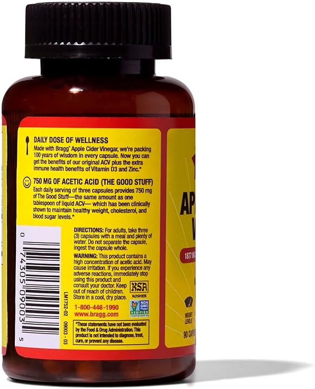 Bragg Apple Cider Vinegar Capsules with Vitamin D and Zinc - (3 Pack) 90 Capsules - Supports The