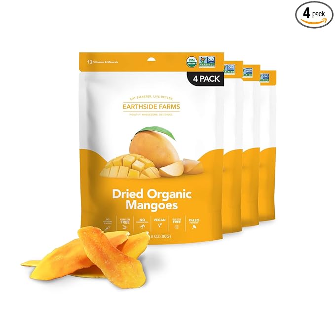 Earthside Farms Dried Organic Mangoes 2.8oz, 4 Pack ??No Sugar Added, Gluten-Free, Vegan Snack