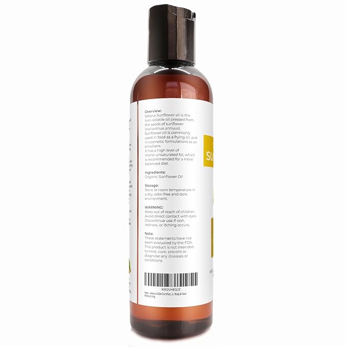 velona USDA Certified Organic Sunflower Oil - 4 Fl Oz | 100% Pure and Natural Carrier Oil | High