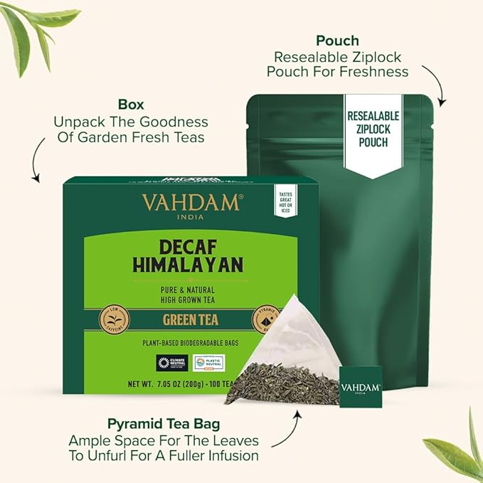 VAHDAM, Decaf Himalayan Green Tea Bags (100 Pyramid Tea Bags) Caffeine Free, Gluten Free | High